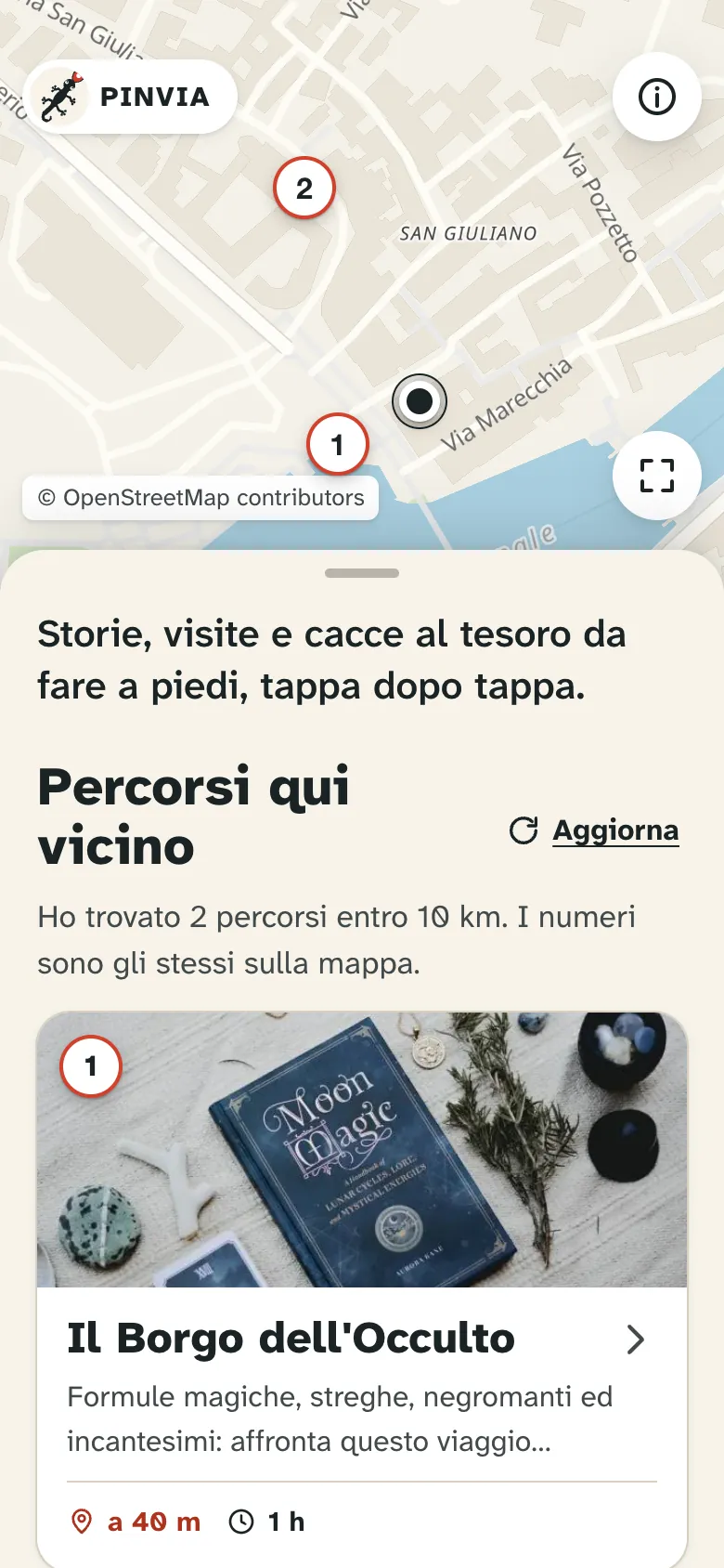 La home dell'app: la mappa del Borgo San Giuliano di Rimini e l'elenco dei percorsi vicini