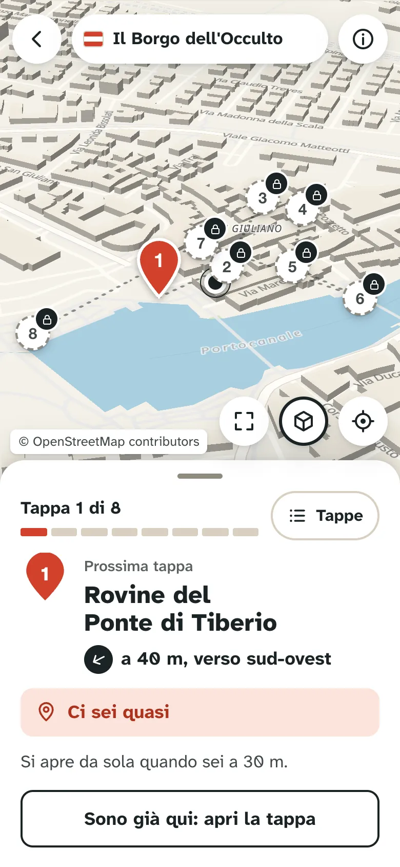 La mappa con le otto tappe del percorso e la distanza dalla prossima