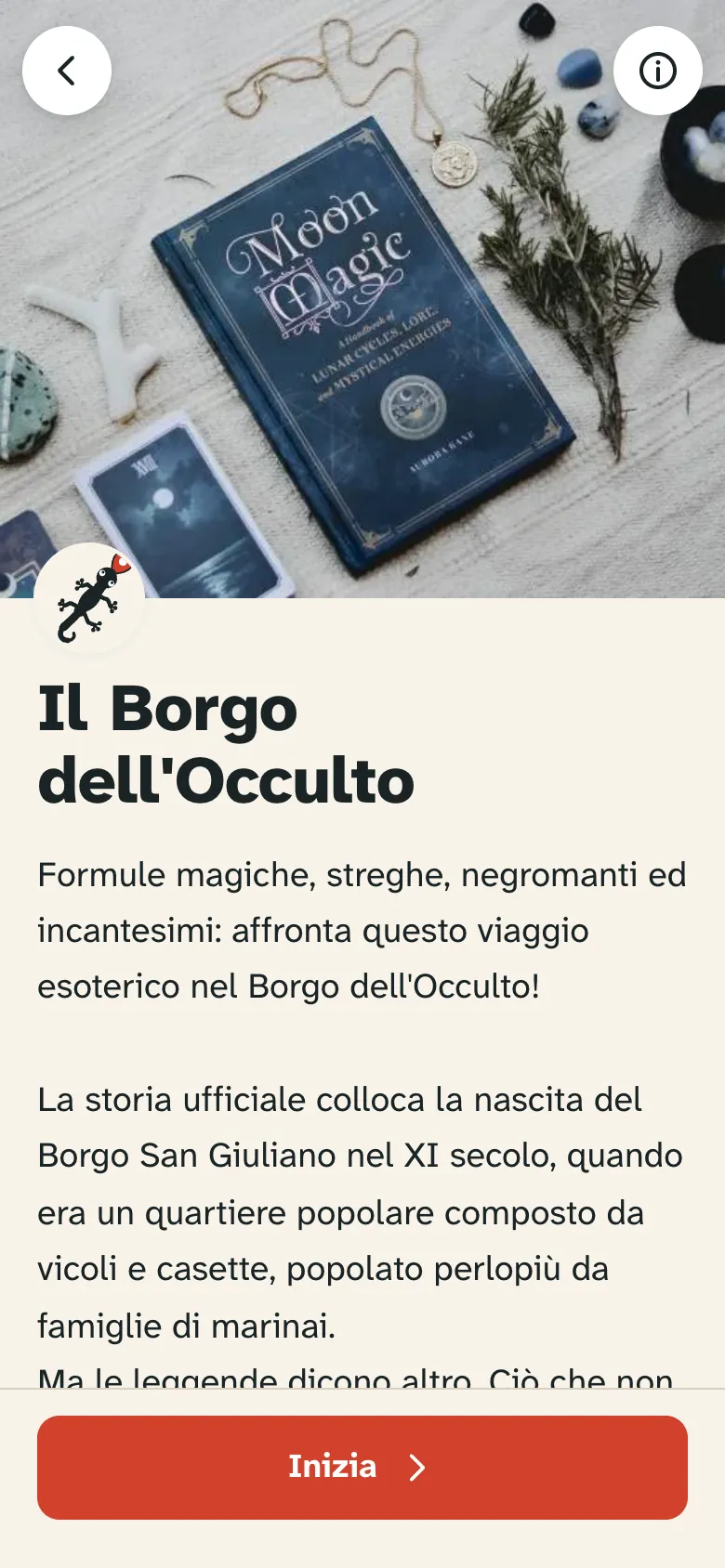 La presentazione del percorso «Il Borgo dell'Occulto», con il pulsante Inizia